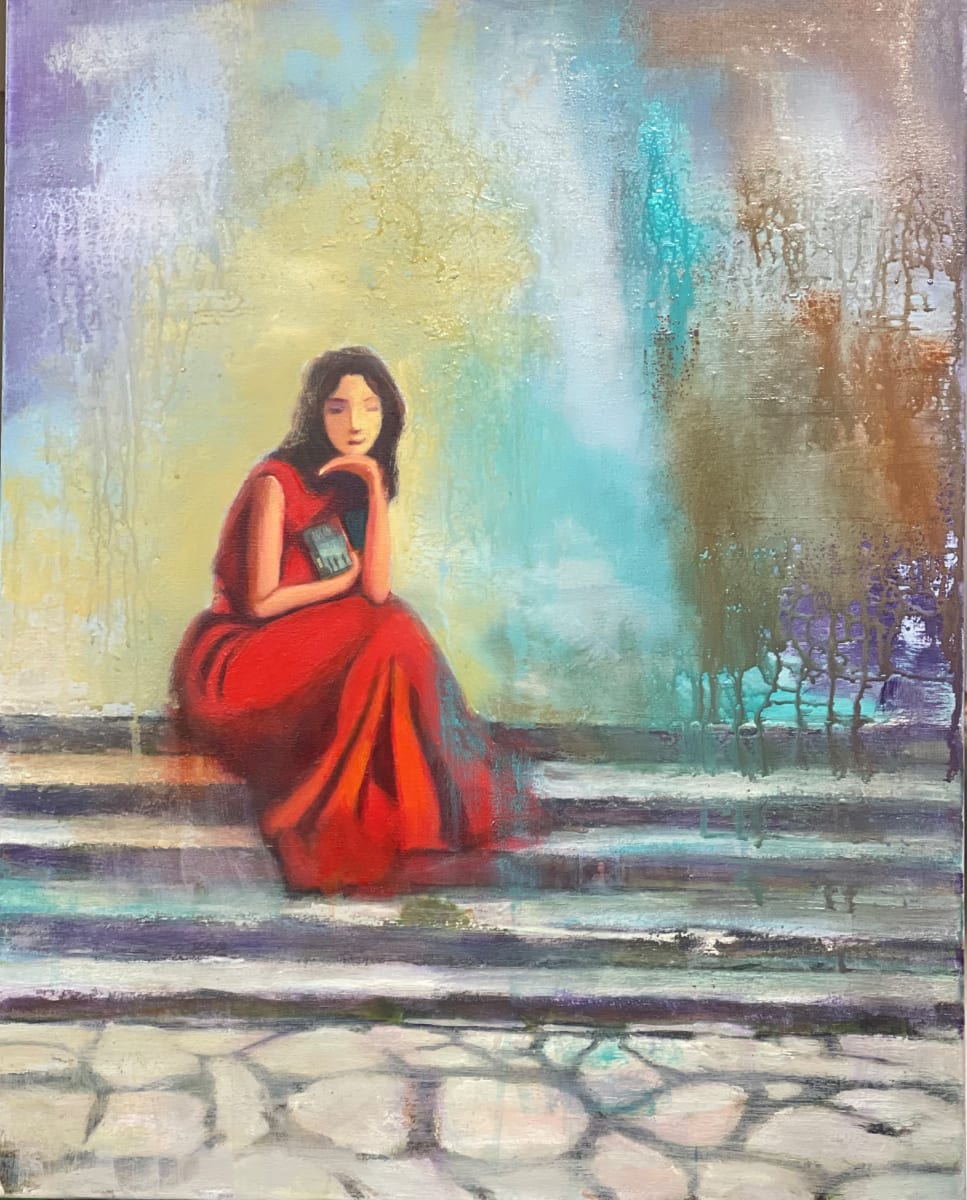 Bibliophile by Vasu Tolia  Image: This artwork depicts a woman seated on the stairs in a red dress. She appears contemplative, with her legs crossed and one hand supporting her chin, while the other holds a small book. The background features a  colorful splash in abstract . The canvas is filled with a palette of vibrant colors including red, yellow, lavender, light blue, gray, and white, all contributing to the scene's sense of depth and introspection which may have been aroused by the book she is reading. The woman is happily brooding over it.