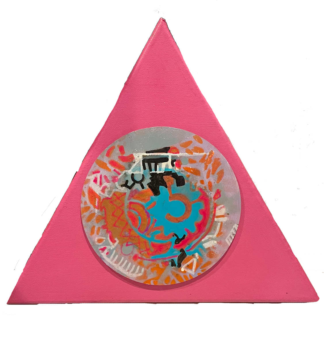 Urban Jungle Fever by Vasu Tolia  Image: A triangular canvas with a pink background. The central circular design features a playful, abstract pattern that merges bright blues, oranges, and reds, resembling cogs and mechanical patterns combined with flowing organic shapes.
