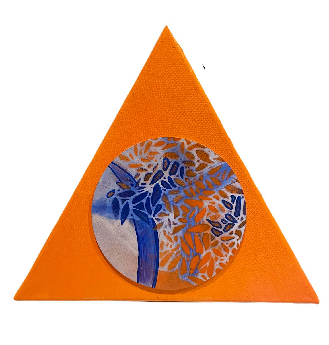 Sunset Symphony by Vasu Tolia  Image: A triangle-shaped painting with a bright orange background. The circular motif within the triangle showcases a blue tree or branch-like structure with abstract leaves, contrasting beautifully with the warm tones of the background. It shows the juxtaposition of the cool blues of nature against the warmth of sunset.