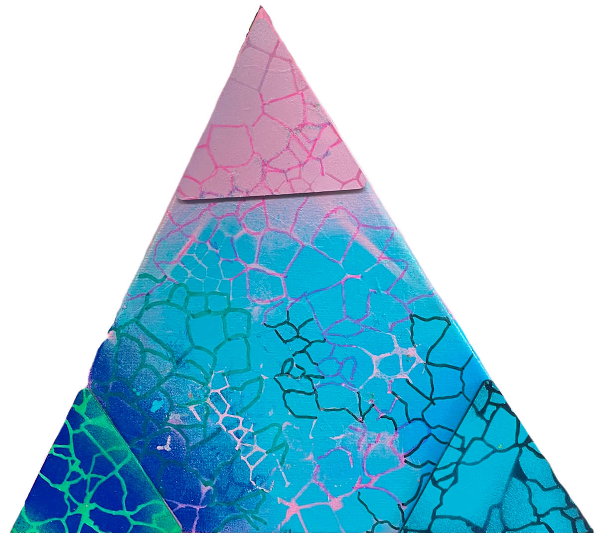 Prismatic Terrain by Vasu Tolia  Image: This triangular artwork features a vibrant transition from light pink at the top to turquoise and blue at the base. The crackled texture throughout the painting evokes the idea of fragmentation or transformation. The geometric shapes within the cracked pattern seem to hint at a gradual metamorphosis or the breaking down and rebuilding of energy  reminiscent of abstract landscapes or geological formations.
