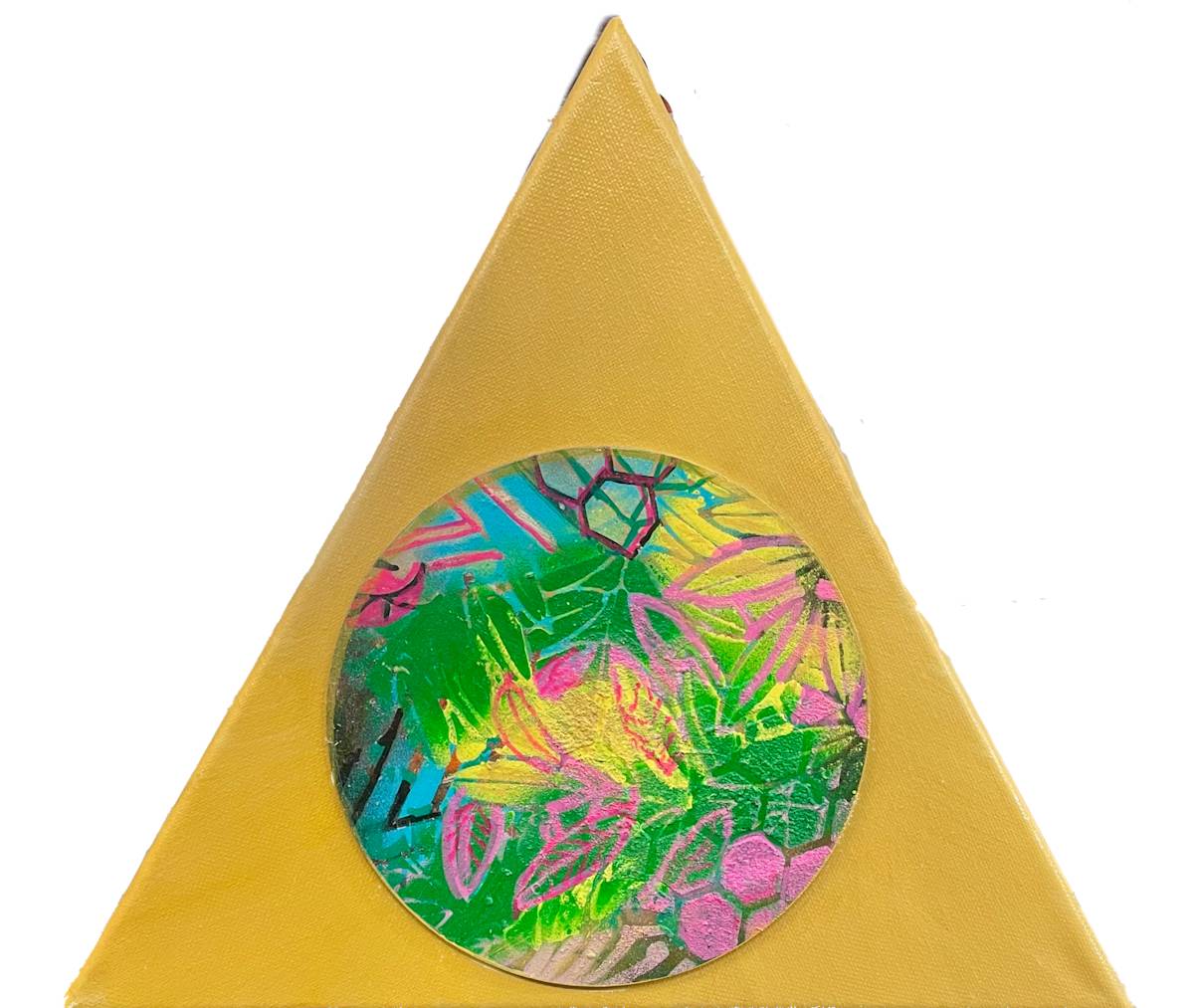 Circle of Renewal by Vasu Tolia  Image: A triangular canvas is painted with a golden hue, and at its center lies a vibrant circular form. The circular focal point is filled with a mix of floral and abstract shapes, layered in green, pink, and yellow tones. The image suggests a harmonious intersection of nature and geometry symbolizing growth and renewal.
