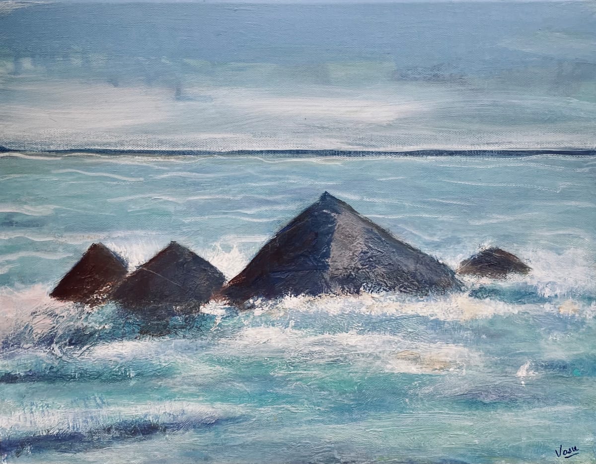Idyllic evening by Vasu Tolia  Image: An ideal spot to relax at with a calm sea and small ,rocky cliffs. This monochromatic work is very soothing and revitalizing.