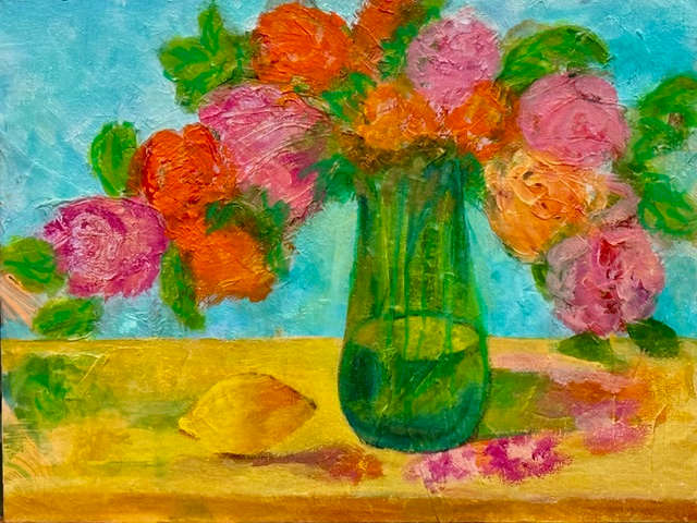 Joy On Your Table by Dr. Vasundhara (Vasu) Tolia  Image: This painting celebrates the quiet joy found in everyday moments. Loose brushwork and vibrant color 
evoke freshness, warmth, and ease.The flowers are not studied but felt—offering a sense of presence, 
balance, and lot of optimism.