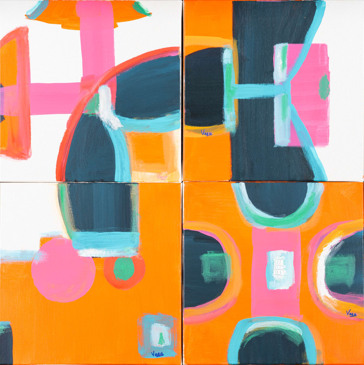 Kaleidoscope series 1-4 by Vasu Tolia  Image: These four paintings are part of a series of  4 small 12x12" abstract works which can be together or individually  to brighten up any wall. They are characterized by bold colors, abstract shapes, and expressive brushwork. They showcase a vibrant, dynamic style with elements that seem to flow and intersect across the canvases.