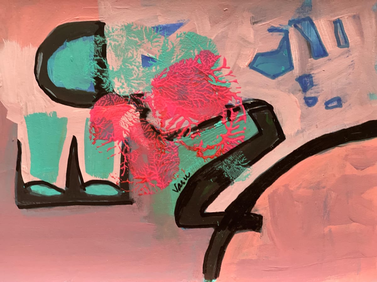 known unknowns by Vasu Tolia  Image: subtle variations of pink with blue, green and black in an energetic painting