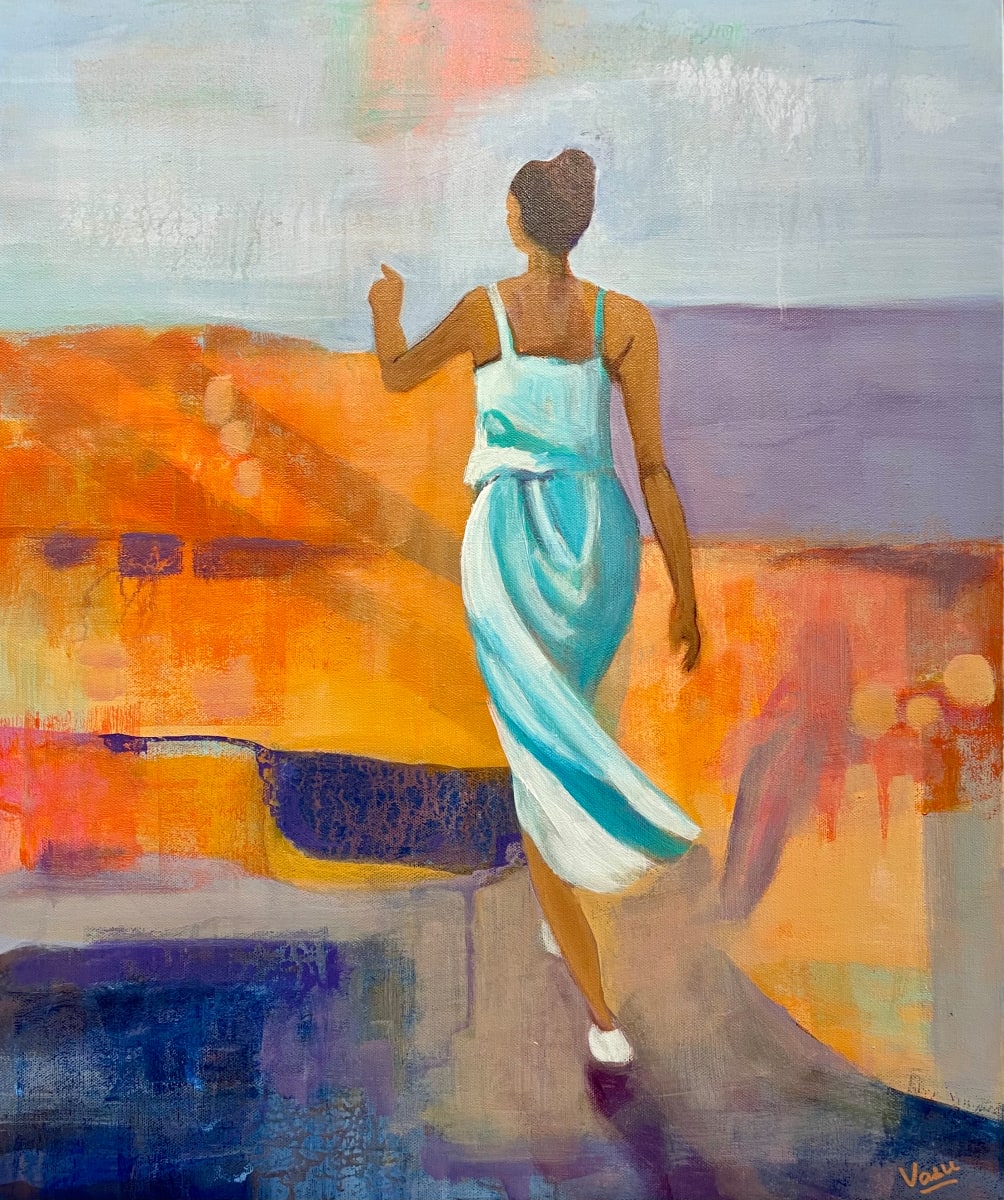 Leading the way by Vasu Tolia  Image: A confident woman is pointing the way towards progress. She is a natural leader marching forward in a light blue, flowing dress against orange, mauve and blue background.  She's inspiring for equal rights.
