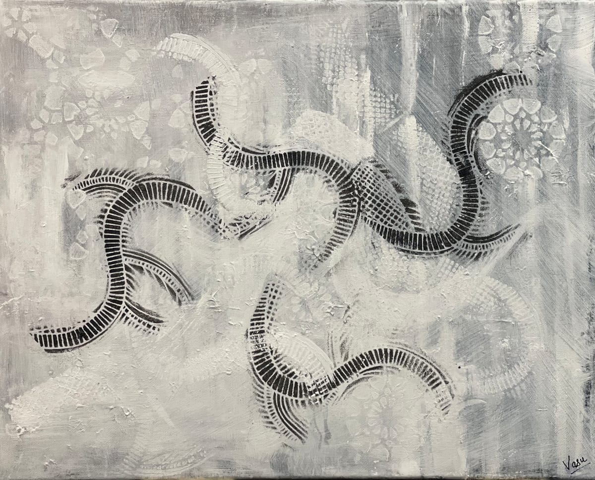 Life by Vasu Tolia  Image: I  show marks of railroad tracks in curves in black mainly and also in white with overlaps, diagonal lattice type patterns and areas of flower like patterns suggesting marks of good deeds left behind in the world to remember one by.