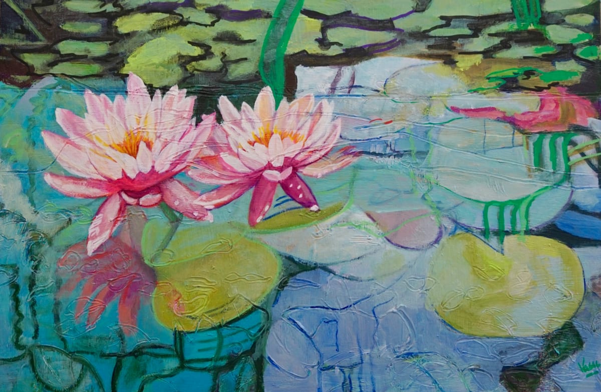 Lilies with reflection by Vasu Tolia  Image: Two lilies  in water  in mixed media with a lot of texture and reflection of one of them. This artwork is special because it is partly abstracted and partly realistic. Different shades of blue of water and its darkness in the back adds to the allure.