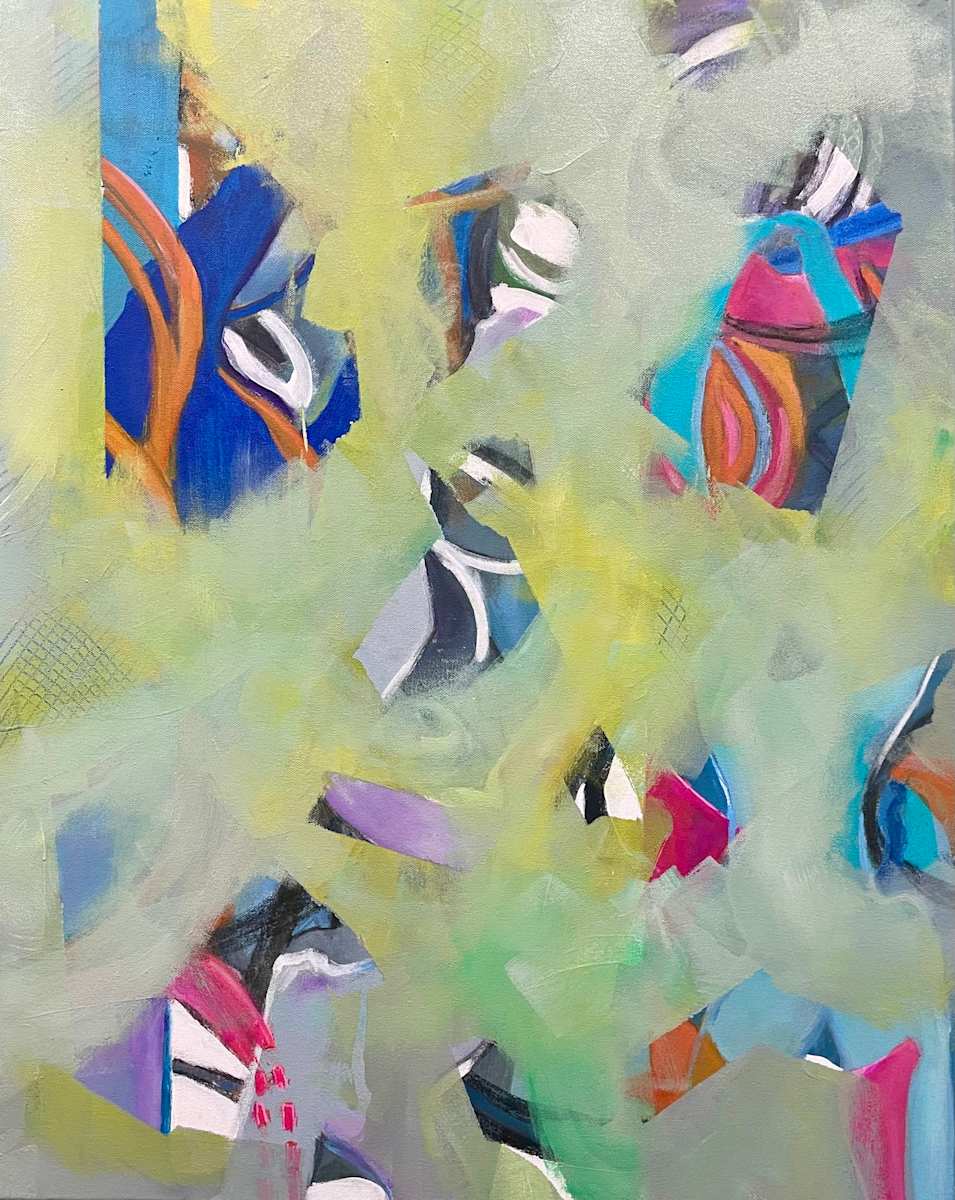 Maze of Mind by Vasu Tolia  Image: This abstract painting has an array of geometric shapes in bright colors (blue, orange, magenta) partially obscured by cloudy, fog-like green and yellow layers. The composition evokes the feeling of navigating through a dreamscape or a mind in deep thought, with some areas of clarity and others clouded by uncertainty.