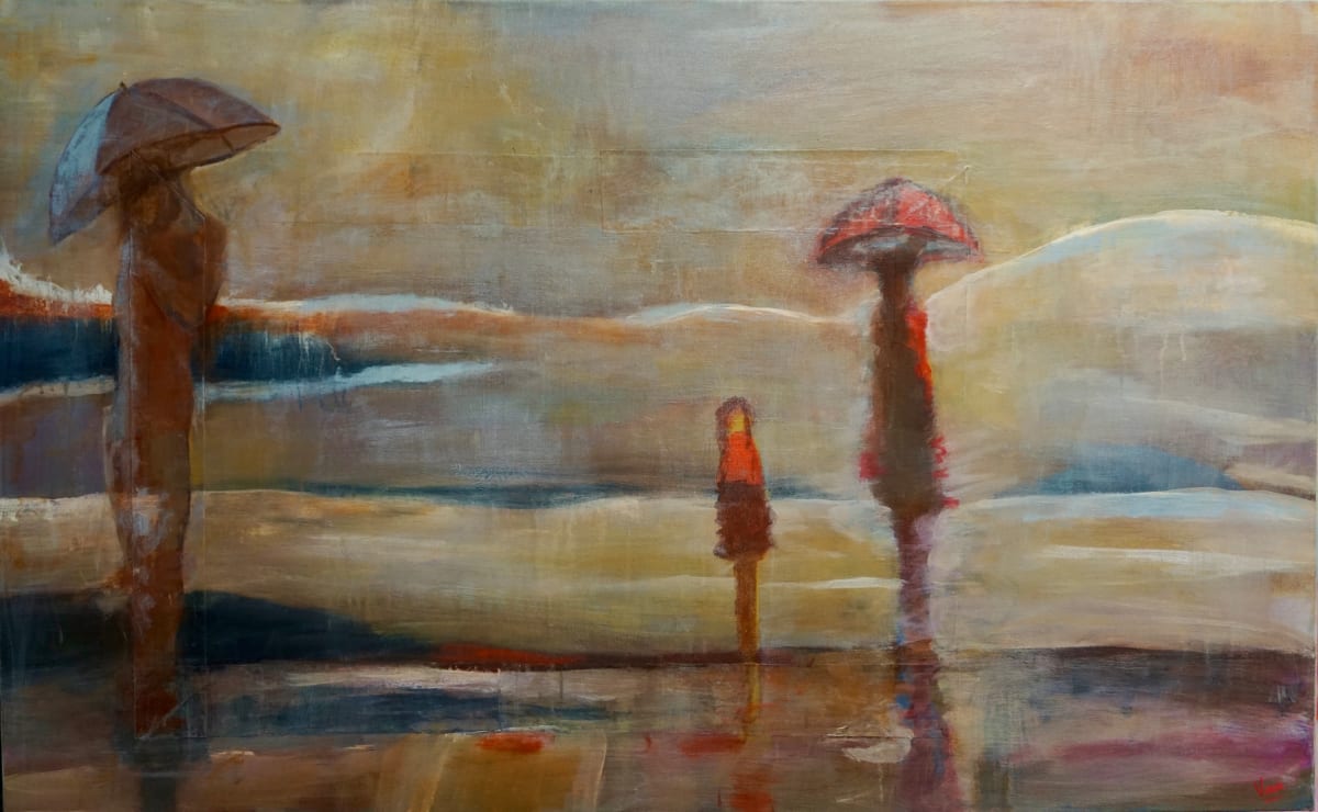 OMG! Where's her umbrella? by Vasu Tolia  Image: This artwork, titled "OMG- Where is her umbrella?," portrays a serene, dreamy scene with three abstract figures of whom two are holding umbrellas. The figures are painted with soft, muted tones, blending seamlessly into the textured, ethereal background that evokes a sense of calm. The painting features a mix of fluid, blurred brushwork and more defined lines, creating an interesting contrast. The use of warm and cool colors, along with the reflection-like quality on the ground, adds depth and dimension to the piece. The central figure, despite being the focal point, seems to merge with the surroundings, emphasizing the overall atmospheric effect.