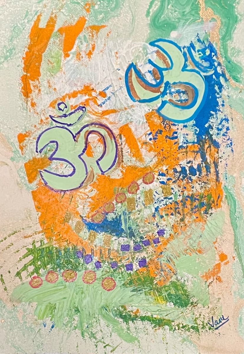 Om 1 by Vasu Tolia  Image: Om1. In orange/blue on green background