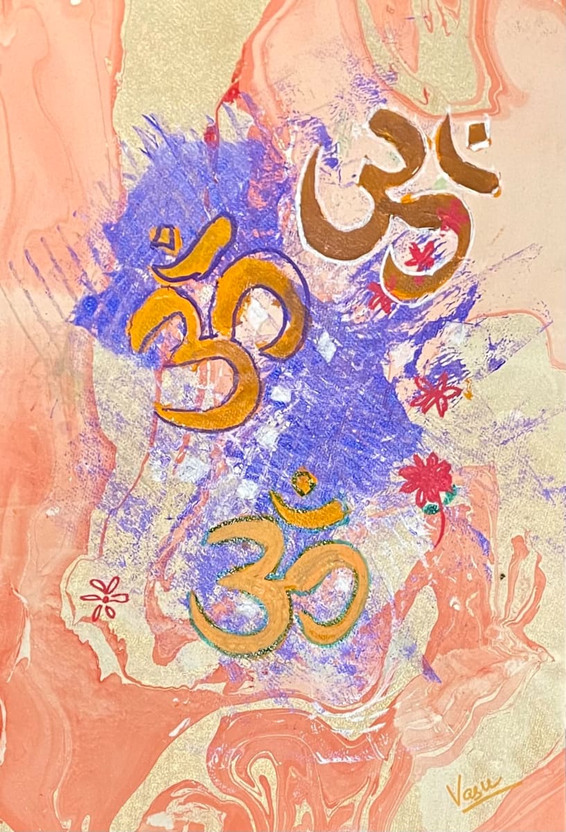 Om2 by Vasu Tolia  Image: A painting on handmade swirling patterned paper with red/purple paint showing orange/rust Oms