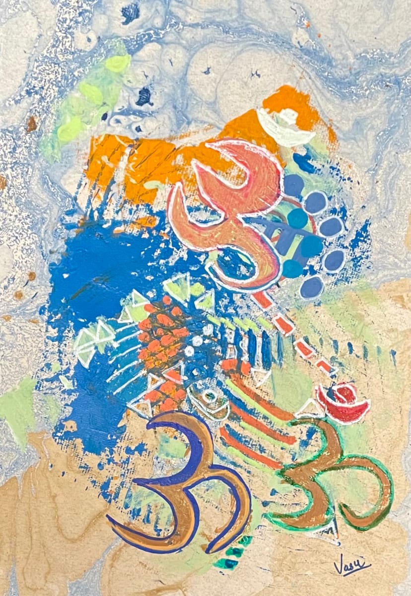 Om 3 by Vasu Tolia  Image: A painting on blue swirling handmade paper with orange/blue and green paint