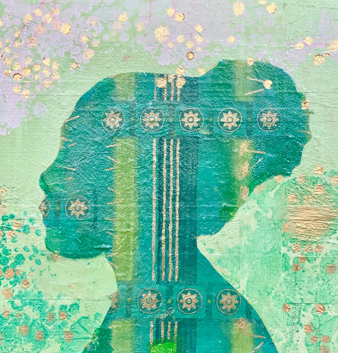 On with the show by Vasu Tolia  Image: A head of a woman with paper showing her regally on a variegated background