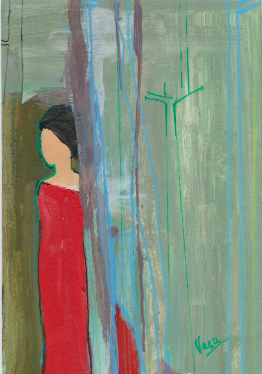 Out of the woods by Vasu Tolia  Image: A very simple artwork depicting a woman in red dress against the trees in the woods, relieved that she found her way out from the jungle. The contrast of red against the varied greens is striking.