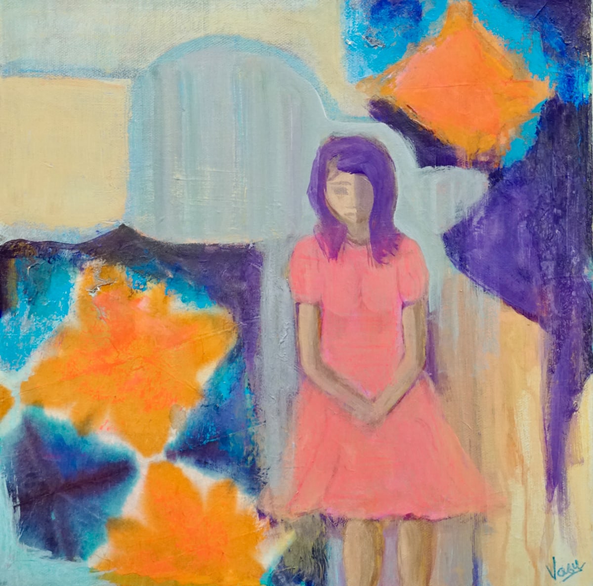 Penitent by Vasu Tolia  Image: A bright artwork showing girl standing in a pink dress almost apologetically after a mischief. This artwork has a colorful, geometric background.