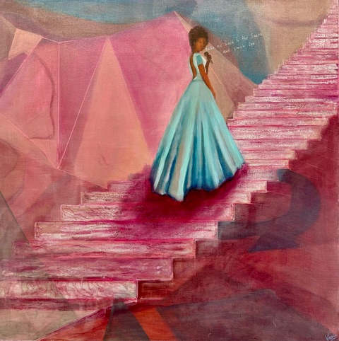 Reminiscing Detroit by Dr. Vasundhara (Vasu) Tolia  Image: A solitary figure ascends, poised between memory and possibility. Her presence evokes Detroit’s deep musical roots and expressive spirit. The luminous stairs and abstract geometry suggest a stage shaped by history. This work honors voice, aspiration, and the emotional resonance of a city remembered and re-imagined.