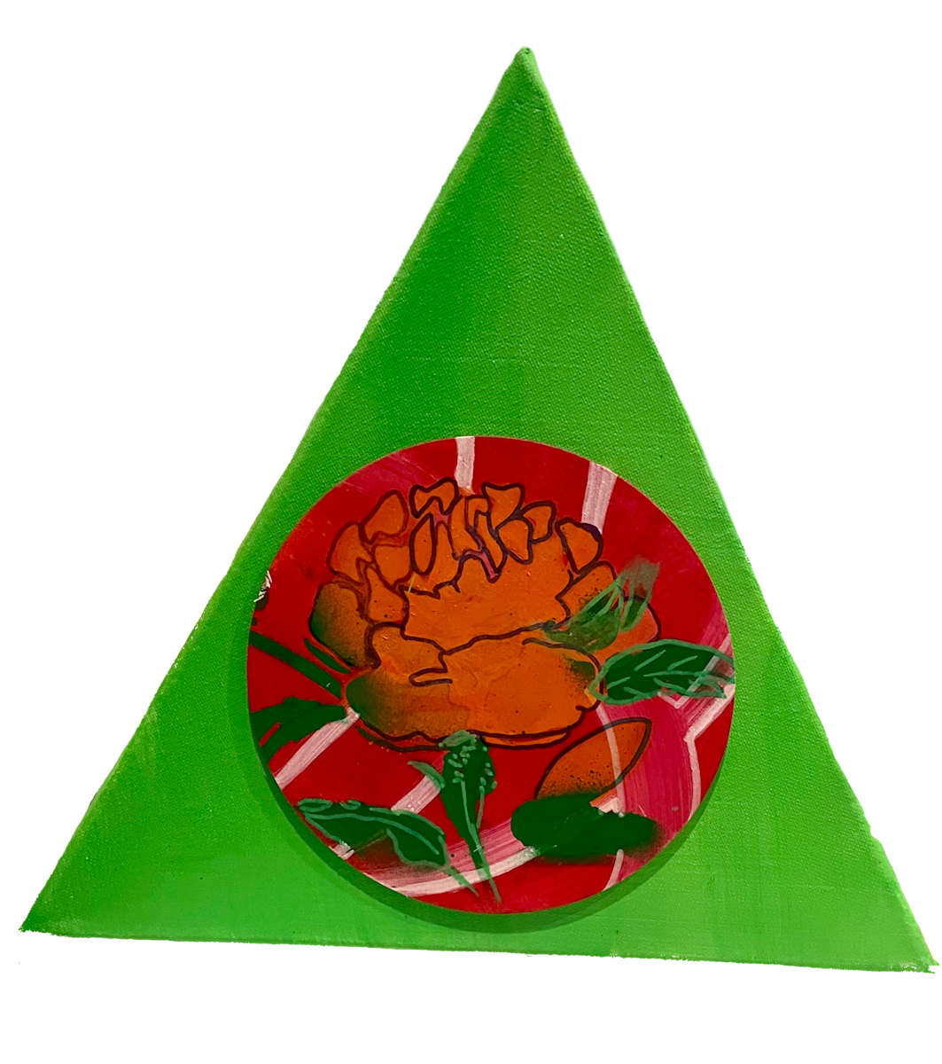 Rose Garden by Vasu Tolia  Image: This is a triangular canvas painted bright green. Inside is a circular element with a red background, featuring an abstracted orange rose design. A bright painting in complementary red/green colors.