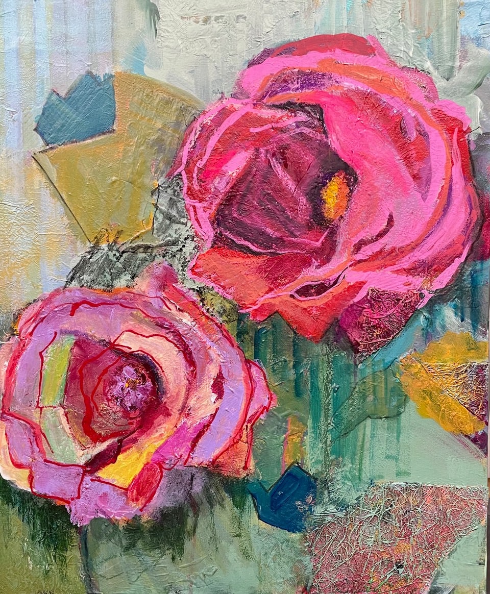 Roses are red by Vasu Tolia  Image: Beautiful, bright pink/red hue roses dominate this artwork with geometric shapes, drips and swathes of color. 