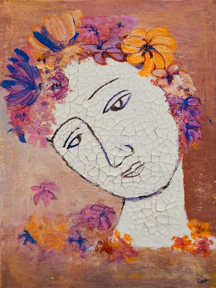 Secrets untold by Vasu Tolia  Image:  An abstract faced woman is shown cracking up with the events of life, but is still trying to hold everything together and try new beginnings as suggested by the symbolic flowers.
