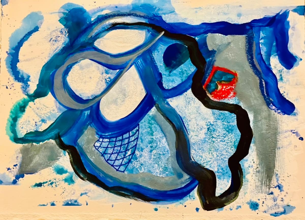 Shades of blue by Vasu Tolia  Image: Abstract piece with lines and shapes in blue, gray and a touch of red