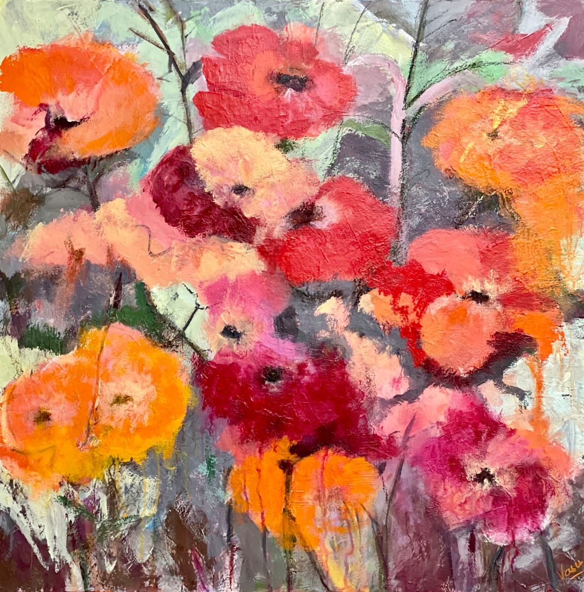 Summer Blooms by Vasu Tolia  Image: Enchanting poppies blooming in a garden are very inviting .  One wants to pluck them and enjoy in a vase. Medley of analogous colors is on display here. This artwork was judged to be a silver place winner in Art Ascent magazine  contest on Summer in 2022.