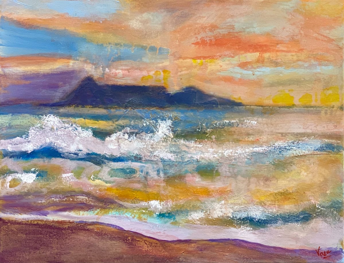 Sunset on the mountains by Vasu Tolia  Image: This painting depicts distant mountains and rolling waves of the sea in foreground at the sunset. The spectacular sky is reflected in the sea and sand in California.