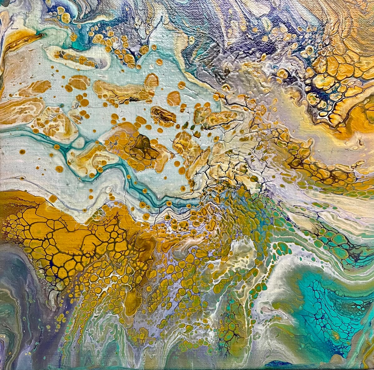 Swirls by Vasu Tolia  Image: This abstract artwork depicts golden, turquise and violet hues swirling and twirling into wave formations.