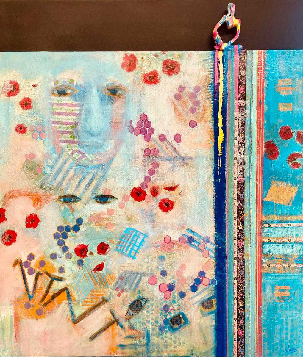 The eyes have it by Vasu Tolia  Image: This simple, catchy painting  focuses on several pairs of eyes as the main subject. Even the scattered flowers represent eyes and most have a third eye amongst them. This soulful painting in peach and blue also has vertical lines dividing it into a third on the right side and on top of that partition sits a figure thoughtfully pouring paint into these lines and integrating its own colorful body with the canvas. In Eastern spiritual practices, the third eye refers to the gate that leads to the inner realms and spaces of higher consciousness, and often symbolizes a state of enlightenment.