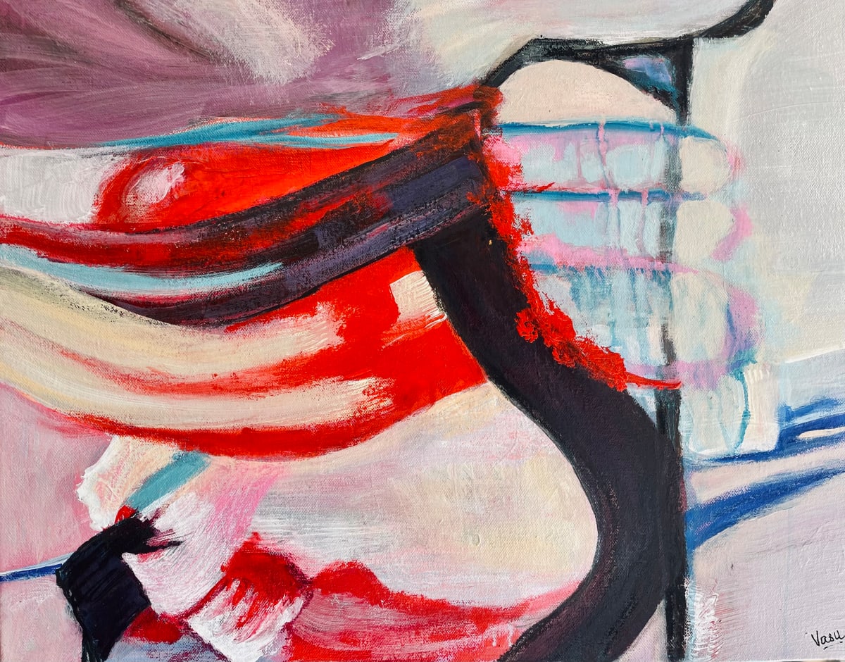 This will rock you by Vasu Tolia  Image: I used thick acrylic paint, and sprayed it to create drips. Used thick strokes and scraped it with the catalyst tip  to create stripe pattern  and neutral colors to emphasize the red, turquoise and brown black to create this abstract artwork.