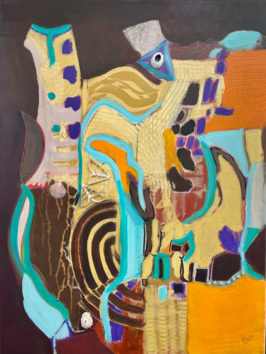 Time for a change by Vasu Tolia  Image: If unhappy, we are motivated to find a better alternative. If in a rut, the momentum needs to change. This piece is made on a black canvas, showing patterns of yellow ochre, sienna , dark umber with orange glows and touches of contrast in green and blue suggesting a turmoil which is being stabilized by the neutrals.

