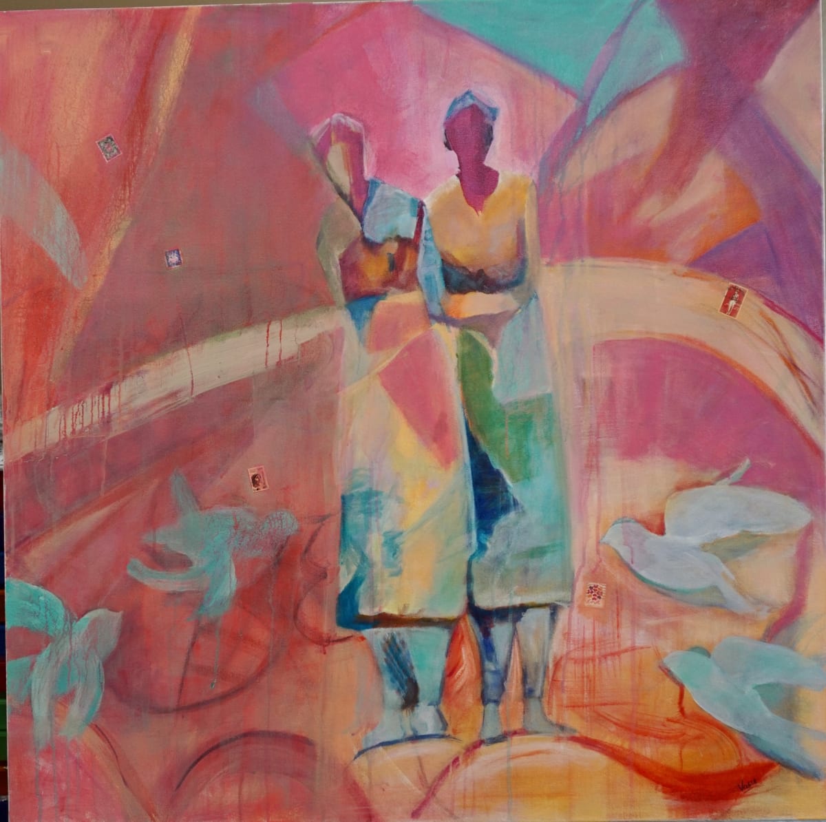 Together we stand by Vasu Tolia  Image: This abstract figurative painting portrays two figures standing side to side, with their hands intertwined. The surrounding background is complex, featuring an assortment of shapes and lines in a color palette that includes pink, blue, green, and red hues. Integrated within this background are multiple birds in varying sizes and colors, such as light blue, purple, and white. The artwork exudes a dreamy and surreal ambiance. My inspiration for this painting was to emphasize peace in the world  and the need for women to support each other in trying to realize their potential.

