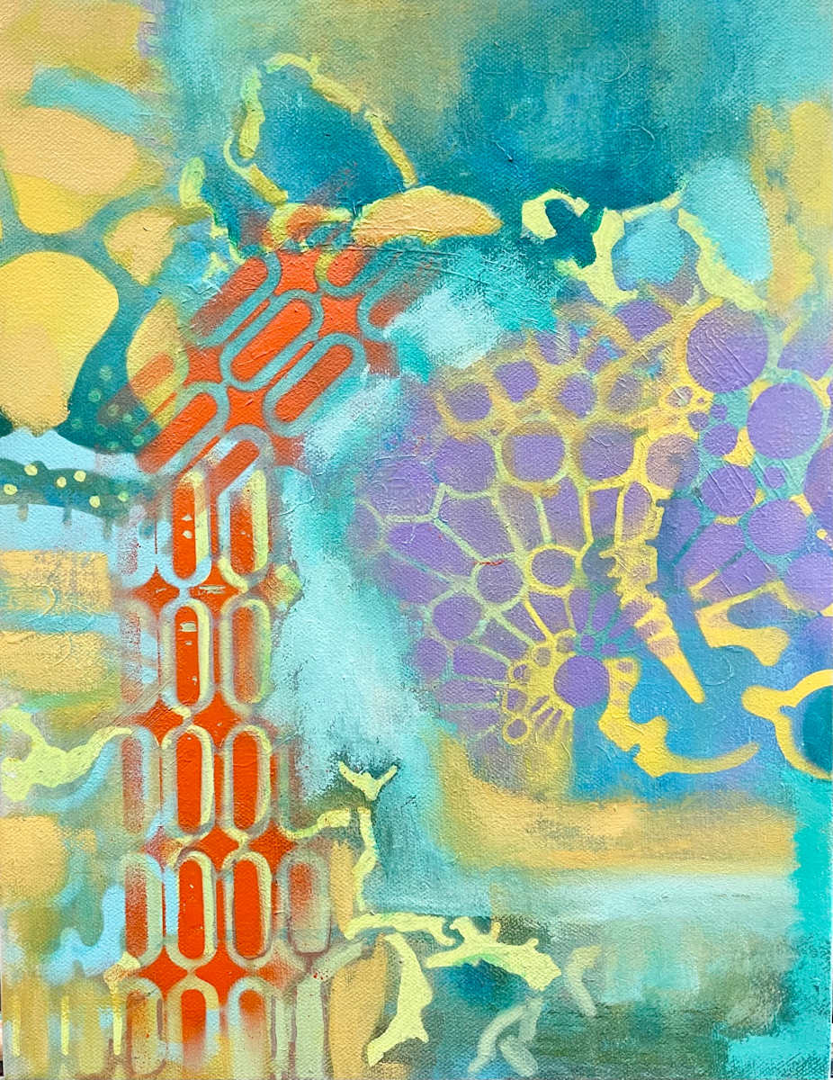 Blooming resilience by Dr. Vasundhara (Vasu) Tolia  Image: A dynamic abstract mixed media work featuring vibrant blues, yellows, and oranges with layered textures and stenciled patterns. The composition flows between organic and geometric elements, with circular motifs and bold gestural marks creating visual rhythm. The title and energetic color palette suggest growth emerging from challenge.