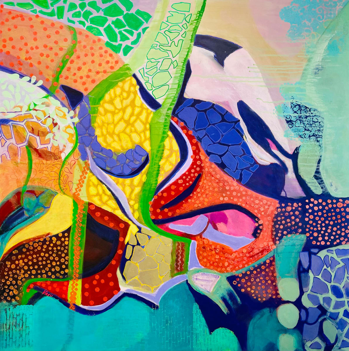 Dreamcatcher by Vasu Tolia  Image: An abstract painting showing happy, colorful shapes and intersections as if dreaming about fun things.
This vibrant, abstract painting characterized by a dynamic composition and a rich color palette features an intricate interplay of shapes and patterns, creating a sense of movement and energy. 

This artwork prominently uses bright and bold colors such as teal, orange, yellow, blue, green, red, and pink. The contrast between these colors adds depth and visual interest to the piece along with various geometric shapes and organic forms interwoven throughout the painting. There are hexagonal and circular patterns, as well as more irregular, fluid shapes. Some areas feature a mosaic-like pattern, while others have dotted or speckled textures.
Despite the division into several sections, each with its unique color scheme and pattern, a cohesive yet complex visual narrative is obvious with seamlessly blending. Sections with overlapping translucent layers add depth and dimensionality. The use of contrasting patterns and textures further enhances the complexity of the piece.
The painting creates a dreamlike state that evokes a sense of whimsy and wonder, inviting viewers to explore its detailed and colorful world, much like how a dreamcatcher filters dreams, allowing only the positive ones to pass through.

