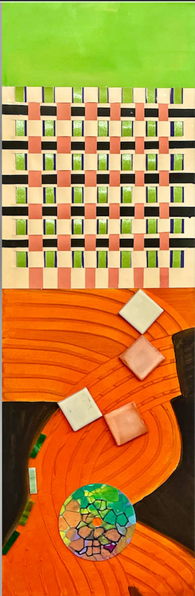 Weaving the Unknowns by Vasu Tolia  Image: Weaving the  Unknowns invites viewers into a vertical journey—from a serene green void through a structured field of hand-woven paper, into dynamic arcs of orange marked by ceramic tiles. A repurposed, hand-painted CD anchors the base, symbolizing memory, obsolescence, and renewal. Created through rotation, layering, and intuitive decision-making, this piece blends weaving, painting, and found objects into a tactile, hybrid surface. Its use of everyday materials in nontraditional ways challenges the boundary between craft and fine art, offering a compelling exploration of balance between control and spontaneity, structure and flow.