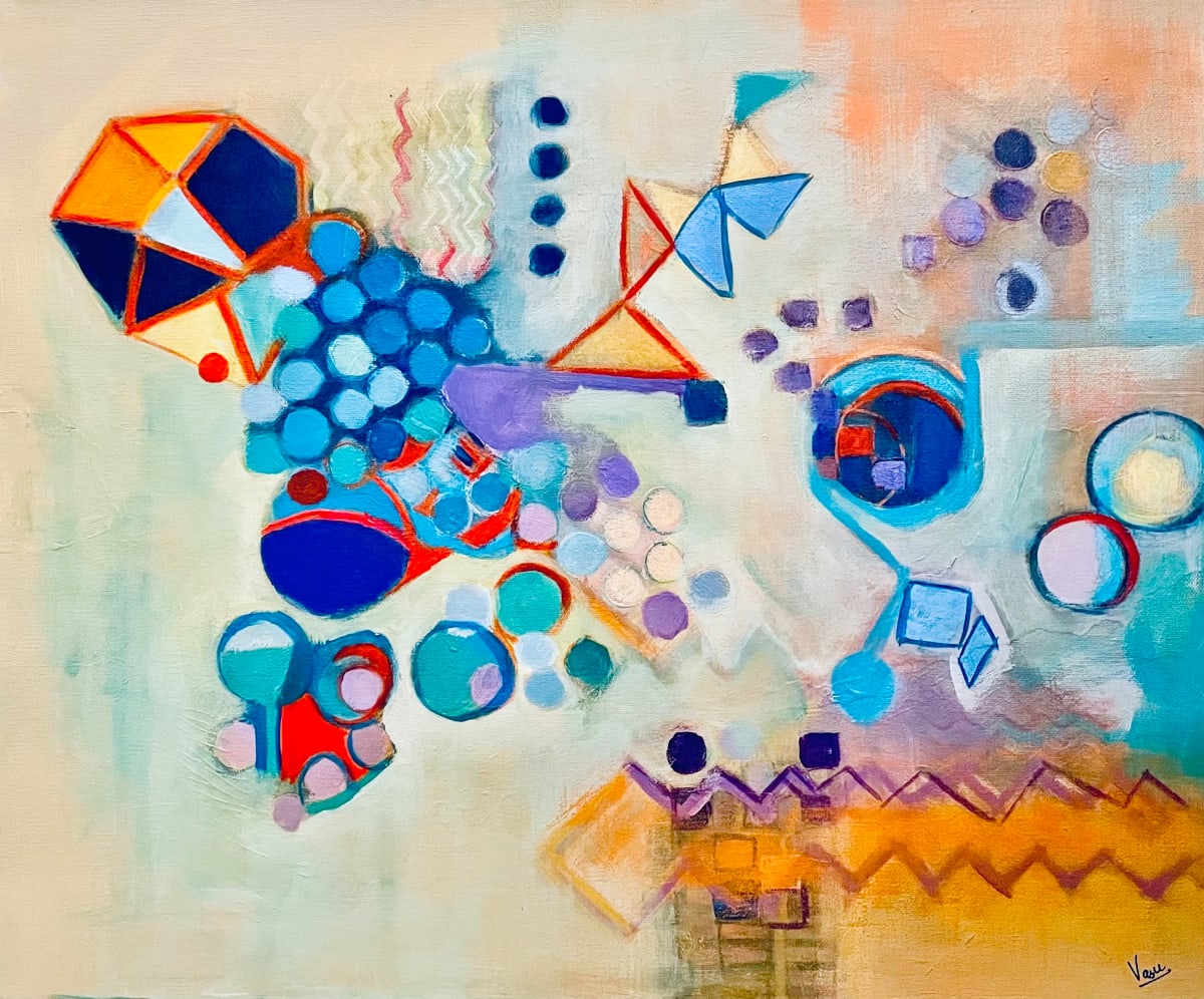 Trivial Pursuits by Dr. Vasundhara (Vasu) Tolia  Image: This is a vibrant abstract composition that draws heavily from early 20th-century modernist traditions, particularly reminiscent of Kandinsky's geometric abstractions. The piece is populated with floating geometric forms - circles, triangles, hexagons, and angular shapes in bold primary colors (blues, reds, yellows) contrasted against softer pastels. The elements appear to dance across the canvas in a dynamic arrangement, with some forms overlapping and others standing in isolation. The background shows subtle color washes and atmospheric effects, while geometric patterns along the bottom edge provide visual weight and grounding to the otherwise floating composition.