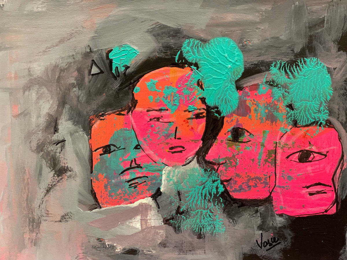 Upfront by Vasu Tolia  Image: Abstracted faces popping up from a gray backdrop creates a striking contrast