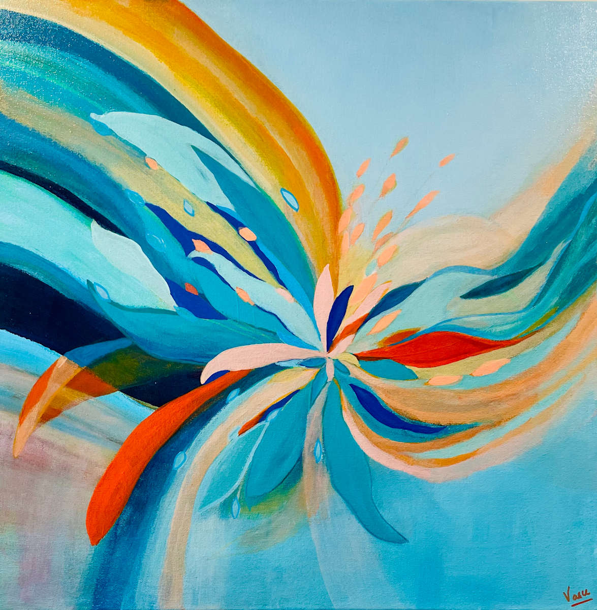 waves of renewal by Dr. Vasundhara (Vasu) Tolia  Image: Flowing, abstract forms in soft blues, oranges, and creams create a dynamic sense of motion and energy. The piece explores themes of interconnectedness and transcendence, with layered petals symbolizing life's unfolding mysteries. Inspired by the interplay between water and sky, it encourages the viewer to reflect on balance and flow in their own life. Its serene palette makes it ideal for meditative or calming environments.
