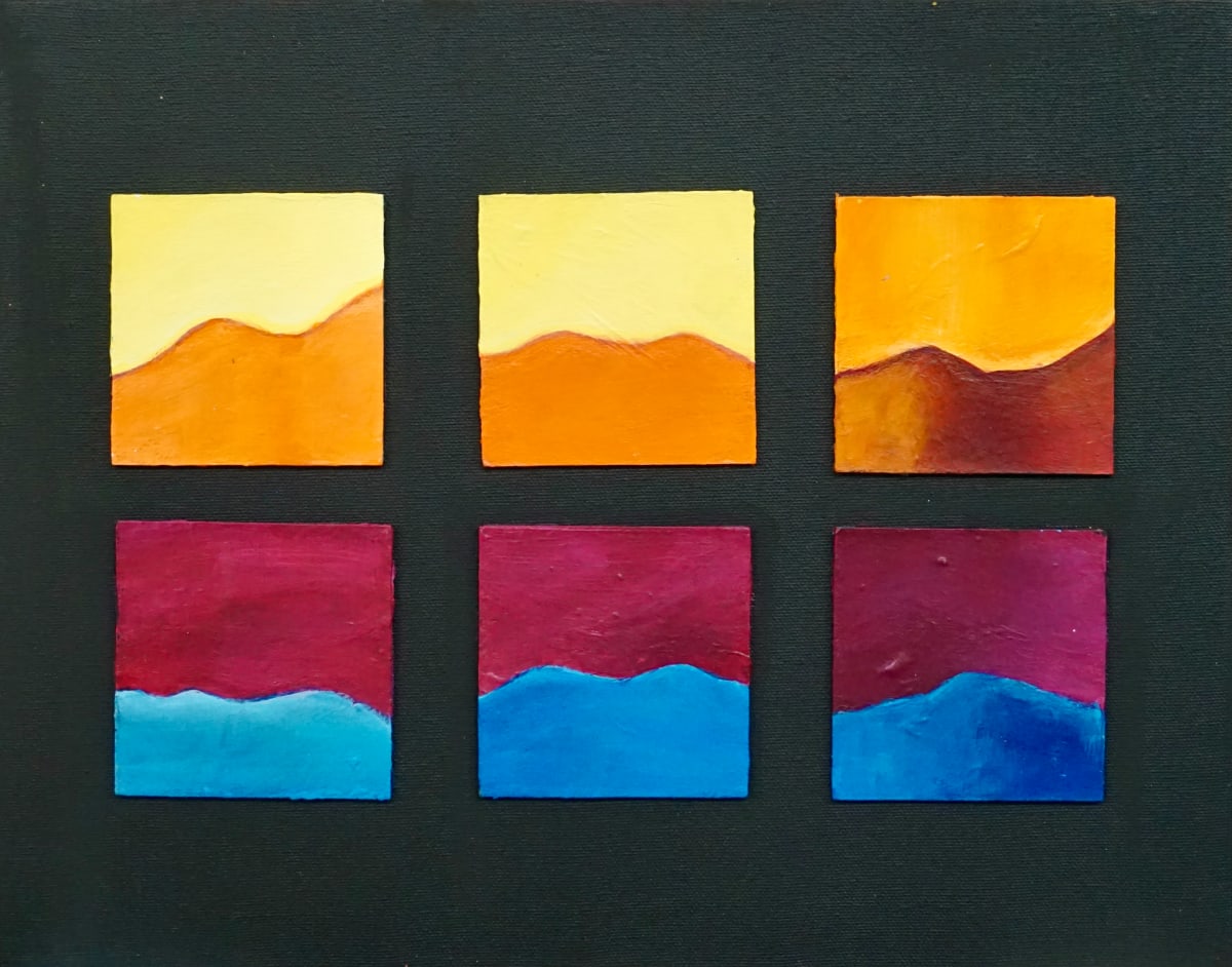 Waves of change 1 by Vasu Tolia  Image: This is a collage of small  3x3" boards on a black canvas suggesting color changes in the sky and water during the day.