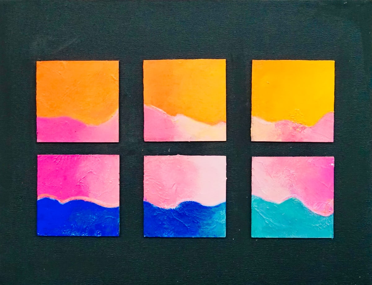 Waves of change 2 by Vasu Tolia  Image: A bright landscape showing transitions in sky and water, made with 3x3" collages of board on black canvas.