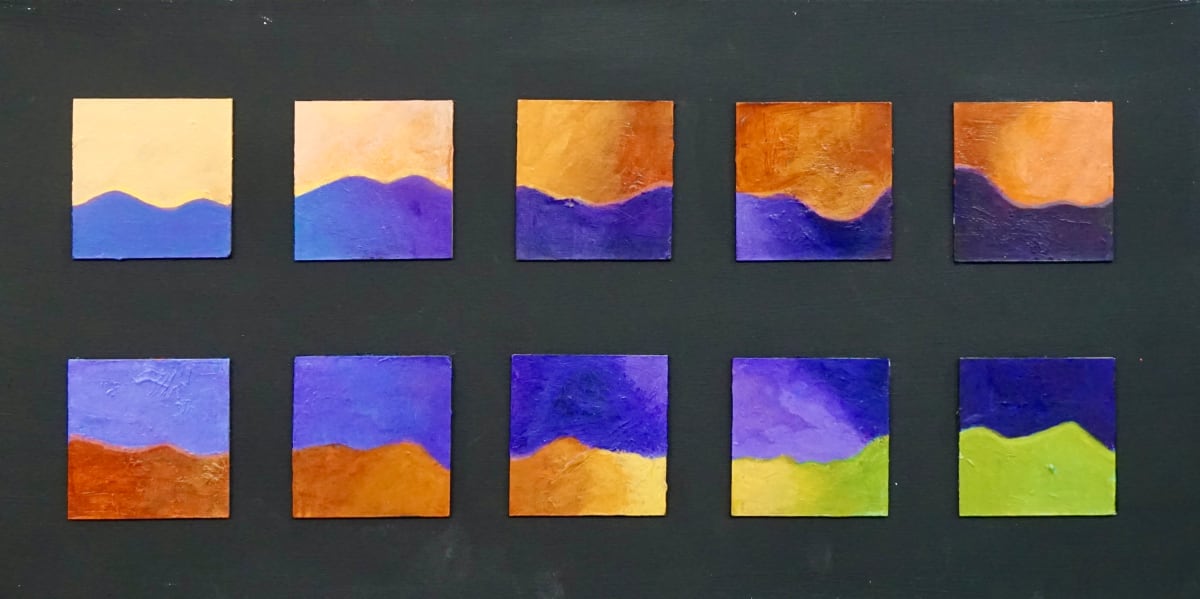 Waves of change 3 by Vasu Tolia  Image: A panel of small 10 3x3" boards showing transitions of colors in sky and land.