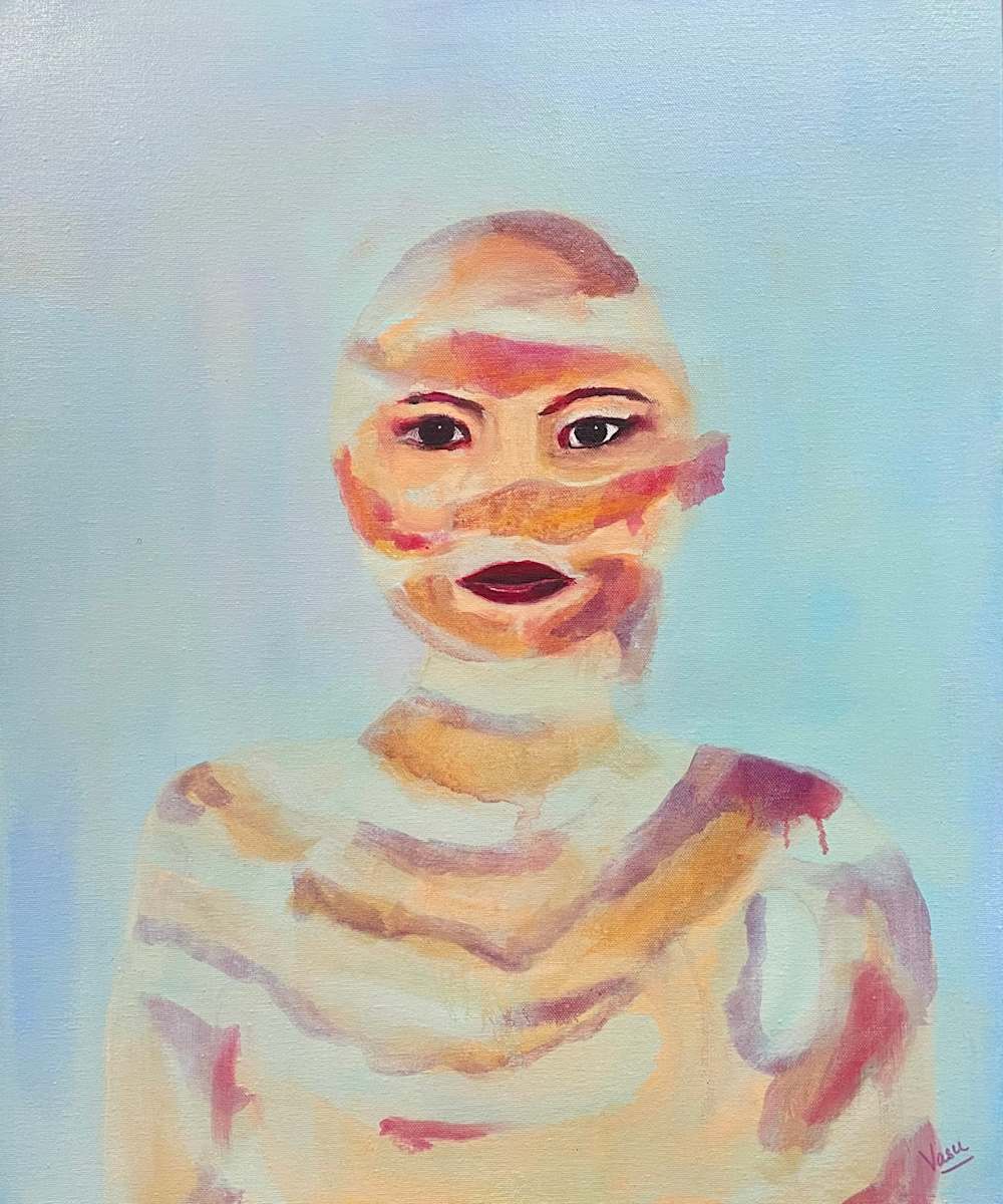 Beneath the surface by Vasu Tolia  Image: This semi-abstract portrait features a face that appears to be wrapped in layers of soft, muted, peachy tones. The facial expression is calm, with deep eyes staring directly at the viewer, though the face appears to be abstracted, as if partially concealed by winding colors. It evokes a sense of vulnerability, masking, or inner transformation.
Certainly! Here's a description of the artwork and some suggested titles:

**Description:**

The painting depicts a woman with a pale, almost translucent face, her head wrapped in a bandage that conceals her hair. Her eyes are dark and expressive, gazing directly at the viewer with a sense of both vulnerability and strength. The bandage is painted with a textured, almost organic quality, suggesting a hidden story or transformation. The colors are muted and subdued, creating a sense of mystery and introspection.

