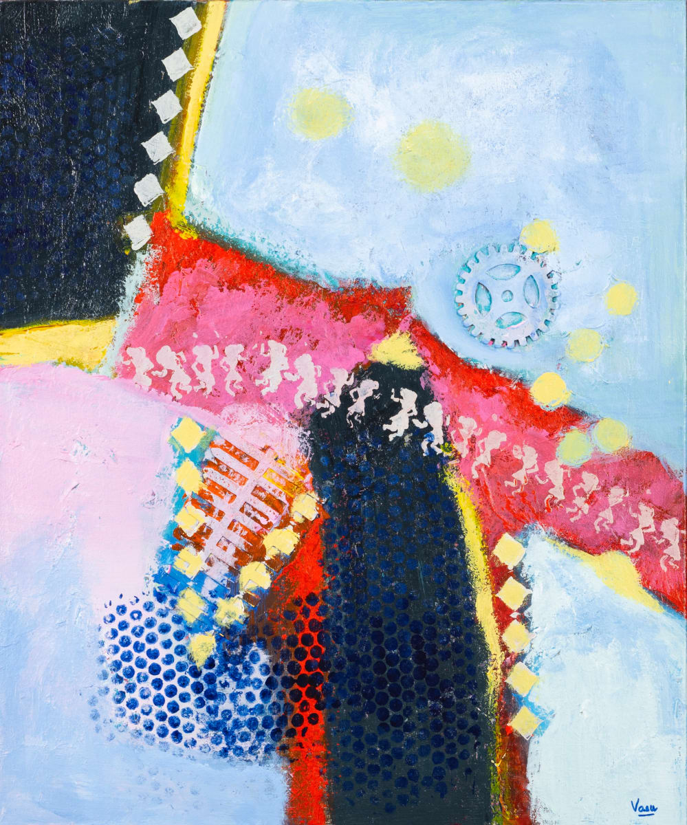 Footfalls of happiness by Vasu Tolia  Image:  This painting features a bold composition with geometric shapes, thick brushwork, and a contrasting color palette of deep and light blues, pinks, reds, yellows, and whites. Circular and ladder types found objects against other forms and dotted patterns add textural interest, while the suggested imagery evokes energy on the path of people dancing  their way against a celestial  backdrop.