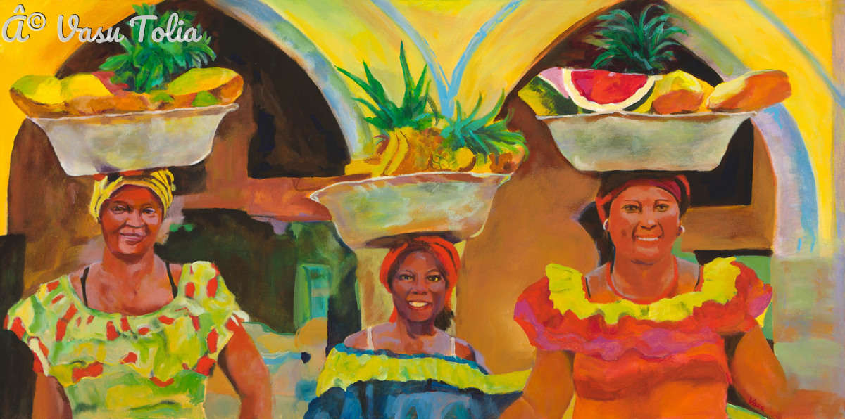 Palenqueras by Vasu Tolia  Image: A vibrant, sun-drenched portrait of three Colombian palenqueras in their traditional colorful dresses, balancing bowls of tropical fruit on their heads. The women wear bright ruffled dresses in yellow, red, and multi-colored patterns, paired with coordinating head wraps. Their bowls contain an abundance of fresh fruits including pineapples, citrus, and watermelon. The painting is characterized by warm yellows and earth tones in the background architecture, with bright pops of green from the pineapple crowns and the rich colors of the women's traditional attire. The composition captures both their dignity and the warmth of their welcoming smiles, celebrating these iconic representatives of Cartagena's culinary heritage.
