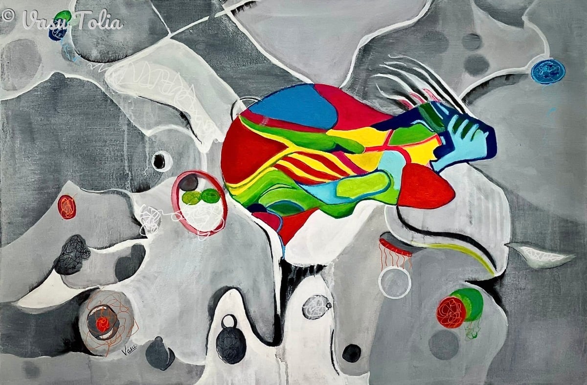 Awakening by Dr. Vasundhara (Vasu) Tolia  Image: Awakening" explores the moment of consciousness emerging from the subconscious mind. Drawing from my medical background, this piece visualizes the complex interplay between rational thought and intuitive awareness. The vibrant, organic central form—suggesting neural networks and synaptic connections—bursts forth from a contemplative monochromatic landscape, representing the transition from sleep to awareness, from unconscious to conscious thought.
The mixed media technique allows for layered meaning: smooth washes of gray and white create a dreamlike foundation, while bold strokes of primary colors map the electrical storm of awakening consciousness. This work invites viewers to consider their own moments of clarity and the beautiful complexity of the human mind's daily resurrection into awareness.