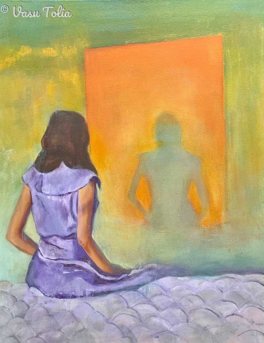 Reflecting by Dr. Vasundhara (Vasu) Tolia  Image: A woman gazes toward her shadowed form, symbolizing memory and possibility. This painting reflects my inward journey of identity and transition from physician to artist, embodying resilience and self-discovery through quiet contemplation.