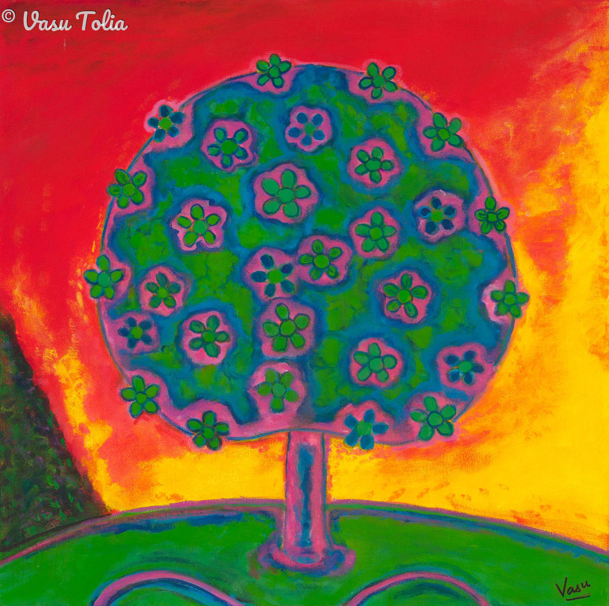 TREE of LIFE 3 by Vasu Tolia  Image: This is the third one of a series of tree paintings with different colored flowers and backgrounds. This is in vibrant yellow, red and green. I called this invigorating and imaginative series Tree of Life.