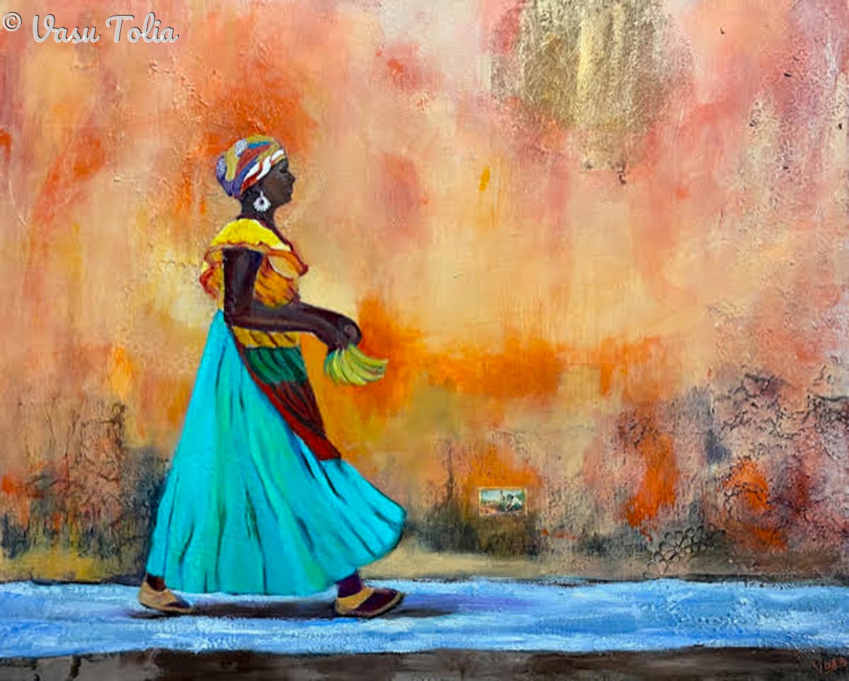 Delivery by Vasu Tolia  Image: A figure draped in colorful attire strides confidently against a textured backdrop. The combination of a flowing cerulean skirt and a rich yellow blouse, along with a patterned headwrap, creates a remarkable contrast against the weathered, peach-toned wall. I subtly combined different textures; juxtaposing rough finishes alongside smoother gradients, to add dimension and intricacy to the visual narrative and convey warmth with the earthy tones to engage the viewer. I've seen such moments of  daily life in the islands , so was inspired to encapsulate this moment.  This lively scene exemplified the energy of this lone figure with this evocative landscape.