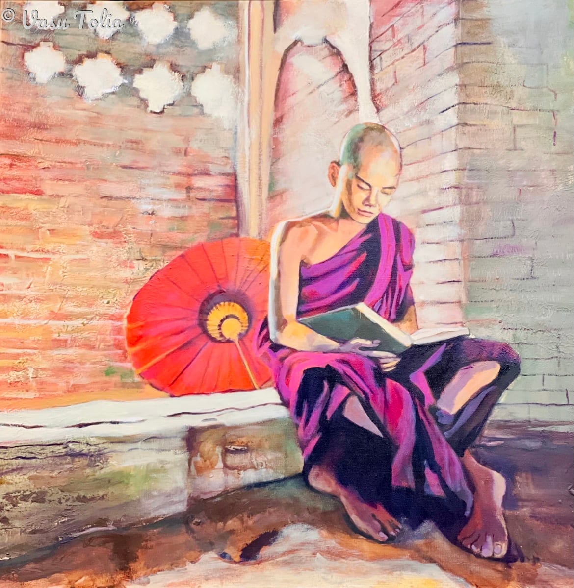 Learning curve by Vasu Tolia  Image: "Learning Curve" illustrates the journey of personal growth and discovery. The open window represents new opportunities and the light of knowledge pouring in. This piece captures the emotional highs and lows experienced during the process of learning, where each curve leads to greater understanding and self-awareness. It depicts a young monk in rich maroon and red, representing the doorway to a state of serenity and spiritual awareness  within the stillness of one's mind.