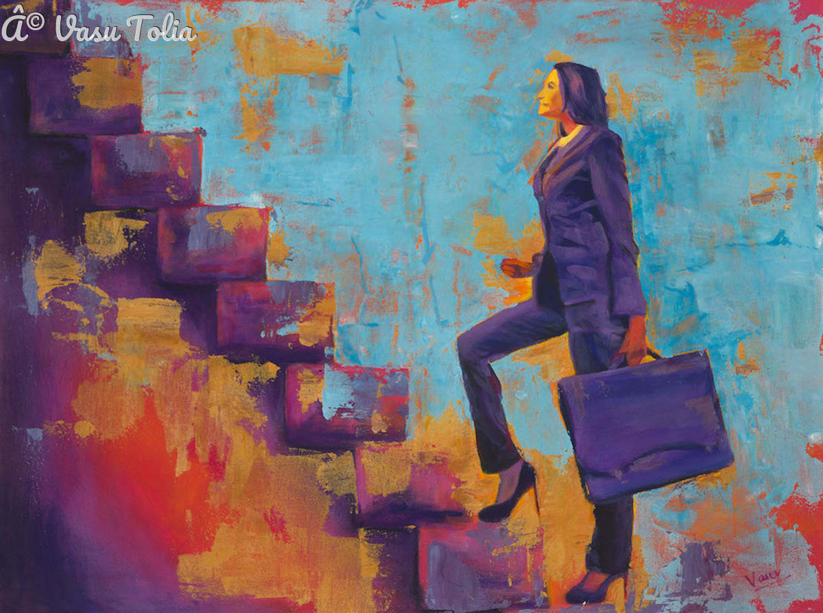 Ascent by Vasu Tolia  Image: I used shades of azure and amber predominantly in this artwork, contrasting cool and warm tones to create a visually compelling scene. A confident woman in a powersuit ascends a staircase, illuminated by vivid hues of purple and orange, suggesting movement and progress. The background's abstract brushstrokes, merging patches of turquoise and yellow, provide a textural contrast that enriches the piece's complexity. I created a few meticulous details in the steps and the figure’s attire to portray her form. I would like the viewers to unfold stories in their minds as they study her determined upward stride?